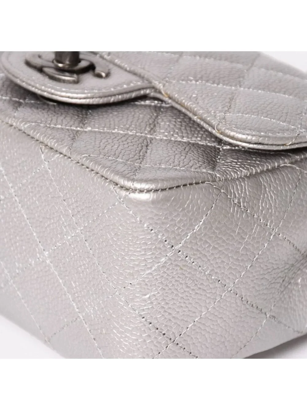 Chanel Mini Quilted 17 S Flap S Chain Shoulder Bag CC Logo Caviar Leather Silver